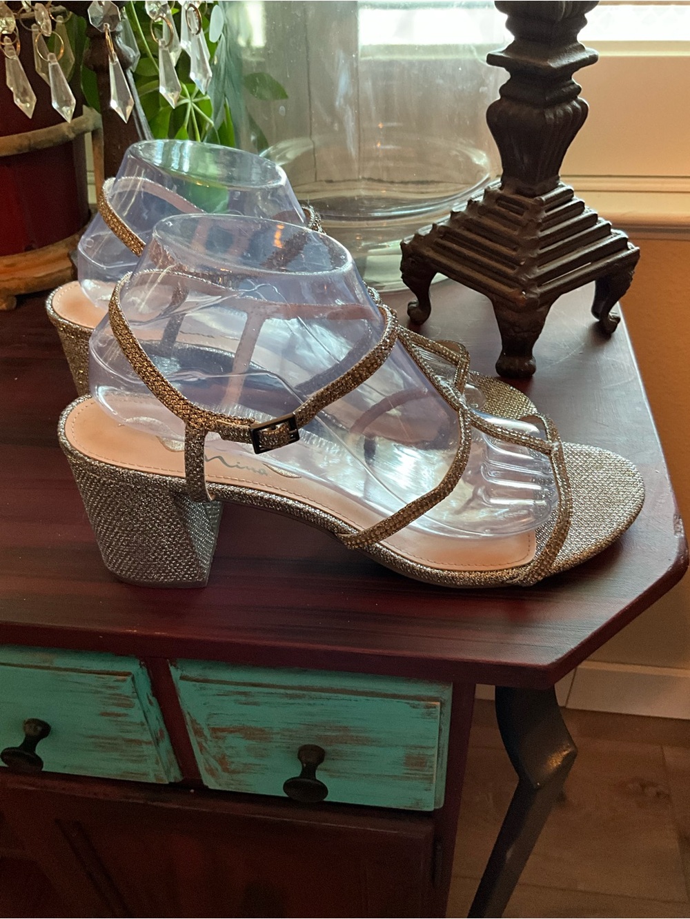 Nina Silver Glitter Block Heel Strappy Sandals